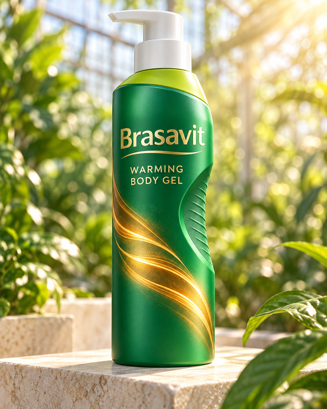 Brasavit Pumpspender mit 200 ml wärmendem Körpergel, grüne Flasche mit goldenem Schriftzug